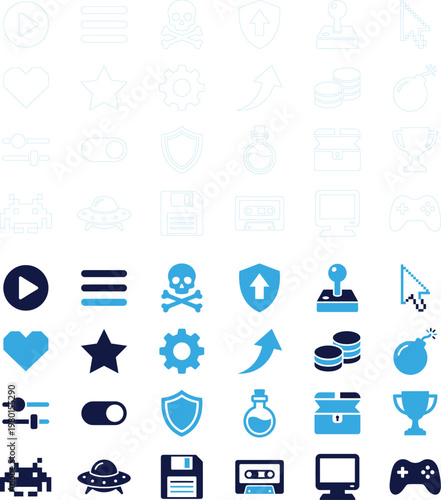 Assortment of blue and dark navy gaming icons for digital platforms and online games.