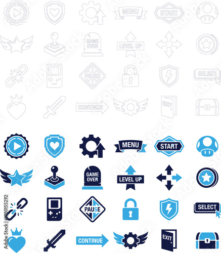 Collection of blue and dark navy gaming icons for digital platforms and interactive interfaces.