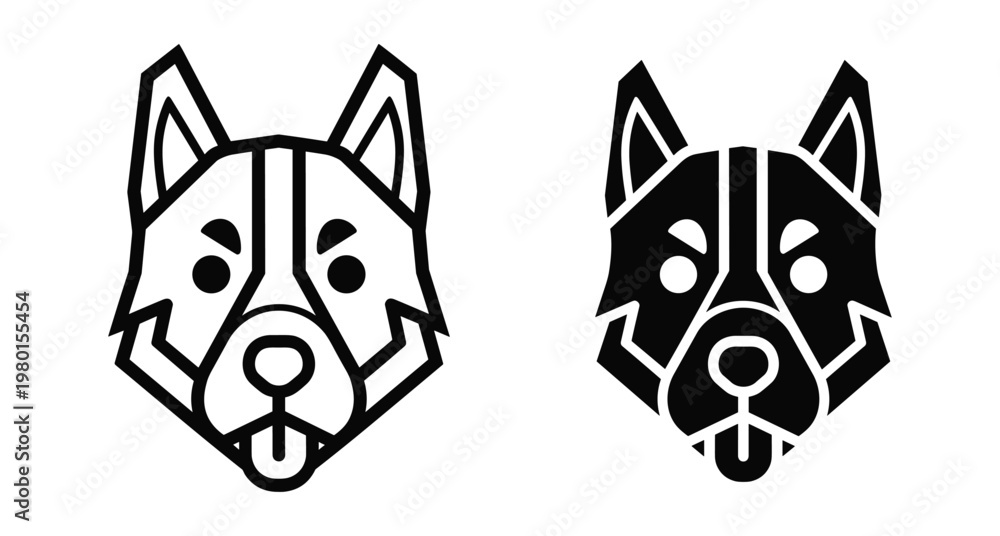 Fototapeta premium Siberian husky dog head icon set with geometric line art and solid silhouette style for pet logo design and branding