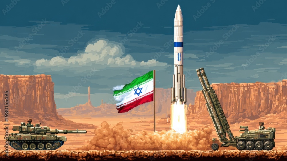 Obraz premium Military confrontation in a desert landscape with rocket launch, tank, and flags