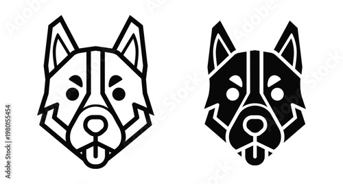 Siberian husky dog head icon set with geometric line art and solid silhouette style for pet logo design and branding