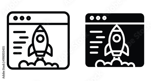 Rocket launch icon inside web browser window representing startup business project deployment website speed optimization and digital marketing growth strategy