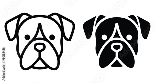Boxer dog head icon set featuring line art and solid silhouette styles for pet branding animal logos and canine graphics