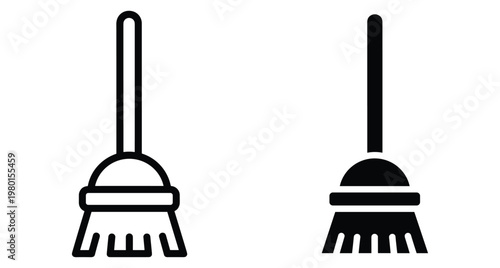 Broom icon set featuring outline and solid black styles for cleaning services maintenance housework domestic chores and sanitation equipment design