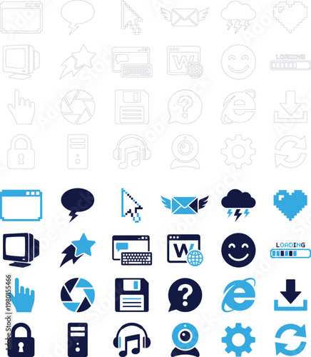 Computer and technology icons set blue and white outline and filled.