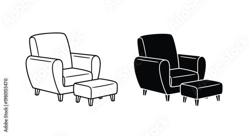 A pair of armchair designs one light and one dark each paired with a matching ottoman