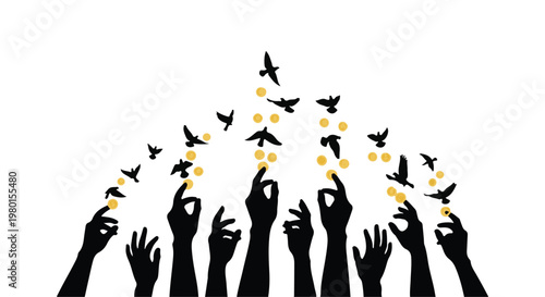 hands releasing birds and confetti into the air