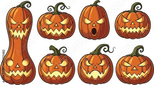 Creative jack-o'-lanterns and gourds carved with spooky and funny expressions for halloween. Vector