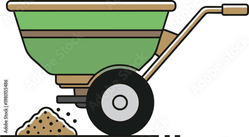 Garden fertilizer spreader cart flat line vector illustration for agriculture lawn care landscaping farming equipment and gardening tools