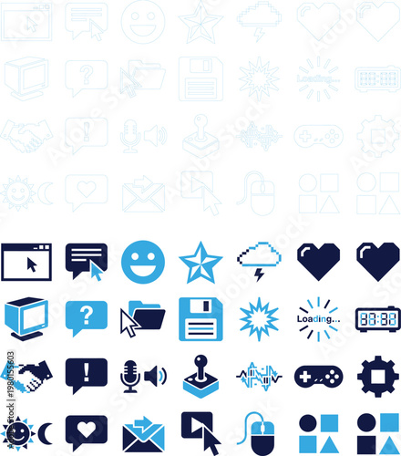 Computer and technology icons set blue and white outline and filled.