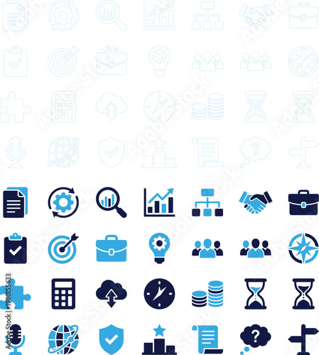 Business and finance icons set blue and white outline and filled.