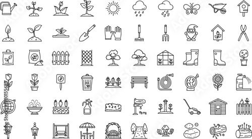 Gardening and agriculture outline icon set with plants tools weather farm elements and outdoor landscaping symbols for design use