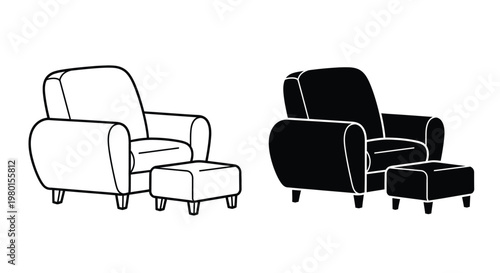 A contrasting pair of armchairs with ottomans one white and one black isolated on a white background