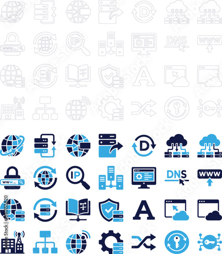 Set of technology and internet service icons in blue and dark blue, featuring servers and connectivity.