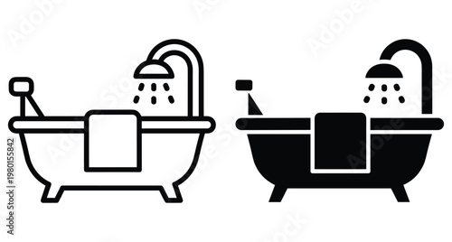 Bathtub icon set featuring shower head spraying water and towel hanging on side in outline and solid black glyph style graphic