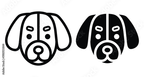Dog head icon set featuring outline and solid glyph styles for pet shop branding animal care services and canine logos