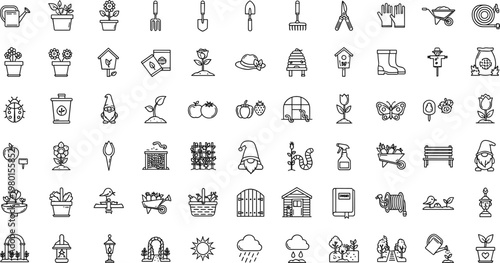 Gardening and outdoor landscaping line icon set featuring plants tools irrigation minimal outline vector collection