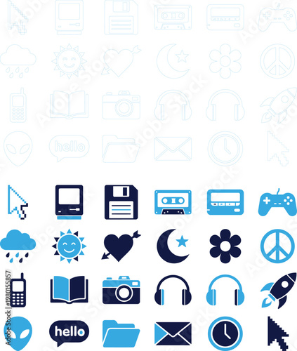 Collection of vintage and modern digital icons representing technology and communication elements.