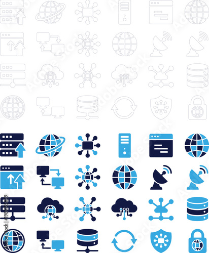 Collection of technology and data icons, including servers, networks, and cloud computing elements.
