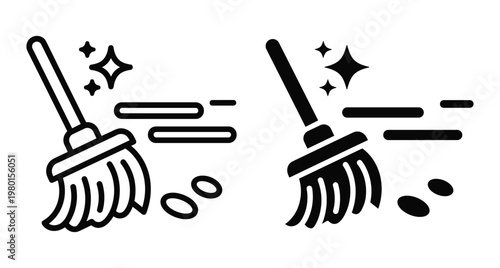 Broom icon set showing sweeping motion with dust and sparkles for cleaning services hygiene maintenance and household chores vector illustration