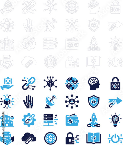 Blockchain and technology icons set outline and filled blue for network.