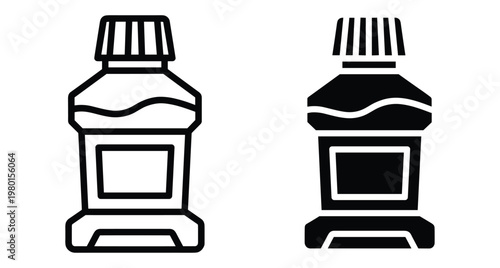 Mouthwash bottle icon set with outline and solid glyph styles for dental hygiene oral care bathroom product packaging design elements