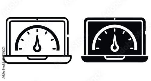 Laptop computer performance speed test icons with speedometer gauge on screen for website optimization internet connection and hardware processing power