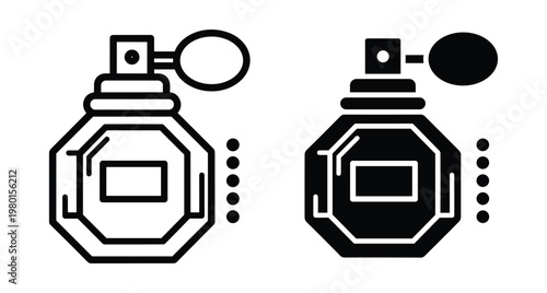 Perfume bottle icon set featuring outline and solid glyph styles for fragrance beauty cosmetics scent spray and personal care products