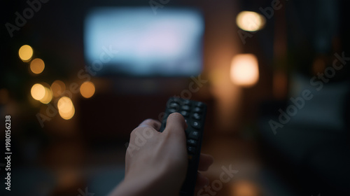 Close-up of a hand holding a remote control pointed at a blurred television screen in a cozy living room at night. Concept of entertainment, streaming, and relaxation.