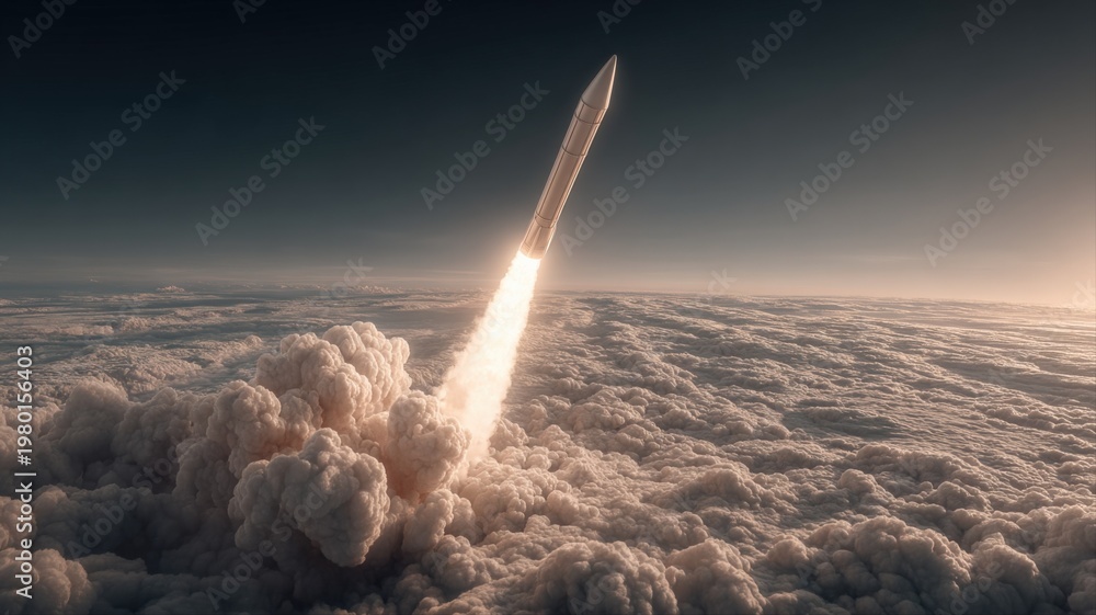 Fototapeta premium Rocket Launching Above Clouds at Sunrise, Blasting Off into Space with Fiery Exhaust and Dramatic Sky