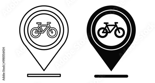 Bicycle map pin icons showing location of bike rental or cycling path in outline and solid black vector style graphic for navigation