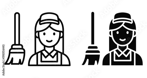 Cleaning lady icon set featuring a female housekeeper with a broom in outline and solid glyph styles for service apps
