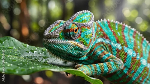 Colorful chameleon perched on a vibrant green leaf in a lush forest setting.