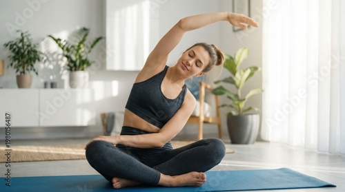 An Athletic Young Woman Sitting Comfortably On A Yoga Mat In A Bright And Modern Living Room
