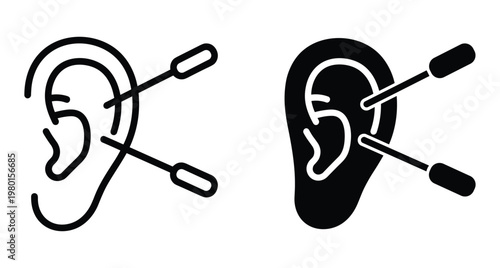 Human ear cleaning icon set with cotton swabs for hygiene personal care medical treatment and auditory health maintenance symbol design