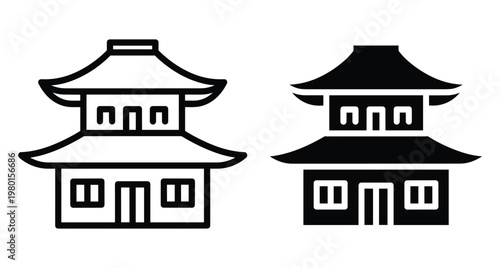 Traditional Asian pagoda temple building icon set featuring outline and solid silhouette styles for travel architecture and cultural heritage design projects