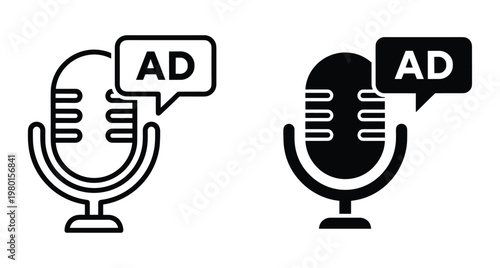 Microphone icon with ad speech bubble for podcast advertising radio commercial audio marketing voiceover promotion digital media broadcast sponsorship set