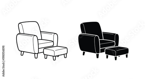 A pair of modern armchairs with matching ottomans are depicted in black and white line art