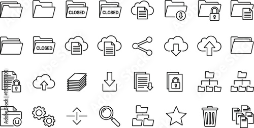 File and folder management outline icon set with cloud storage sharing security and document organization symbols for web interfaces