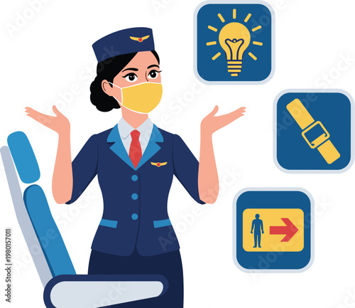 Flight attendant explaining safety with icons stewardess