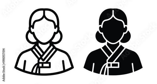 Korean woman wearing traditional hanbok dress avatar icon set featuring outline and solid silhouette styles for cultural representation and design