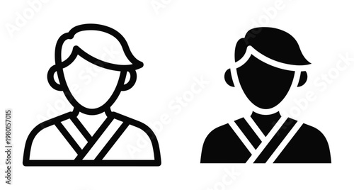 Japanese person avatar icon set wearing traditional kimono or martial arts uniform for karate judo and aikido sports training