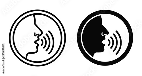 Voice control icon set showing human profile speaking with sound waves in circle frame for communication and speech recognition technology