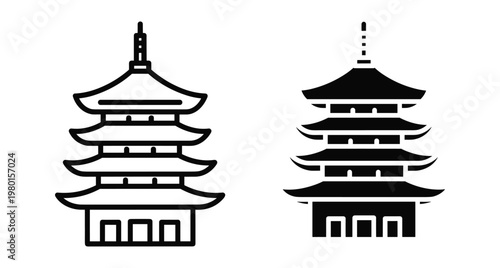 Japanese pagoda temple icon set featuring traditional asian architecture with tiered roofs in outline and solid black silhouette vector style
