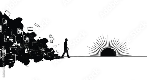 man walking away from chaotic city life into peaceful sunrise