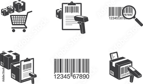 Icons representing barcode scanning and shipping logistics