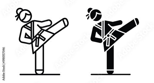 Martial arts athlete performing high kick exercise in karate uniform with belt line and solid icon set for sports design