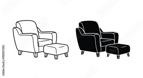 A pair of modern armchairs with matching ottomans are depicted in contrasting black and white tones