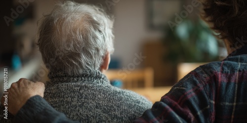 Close up of a younger person's arm resting on an older person's shoulder, showing support and care