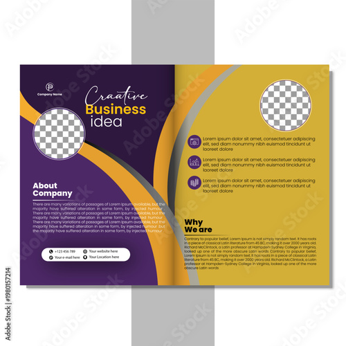 Creative business idea brochure template with company name and about us section.